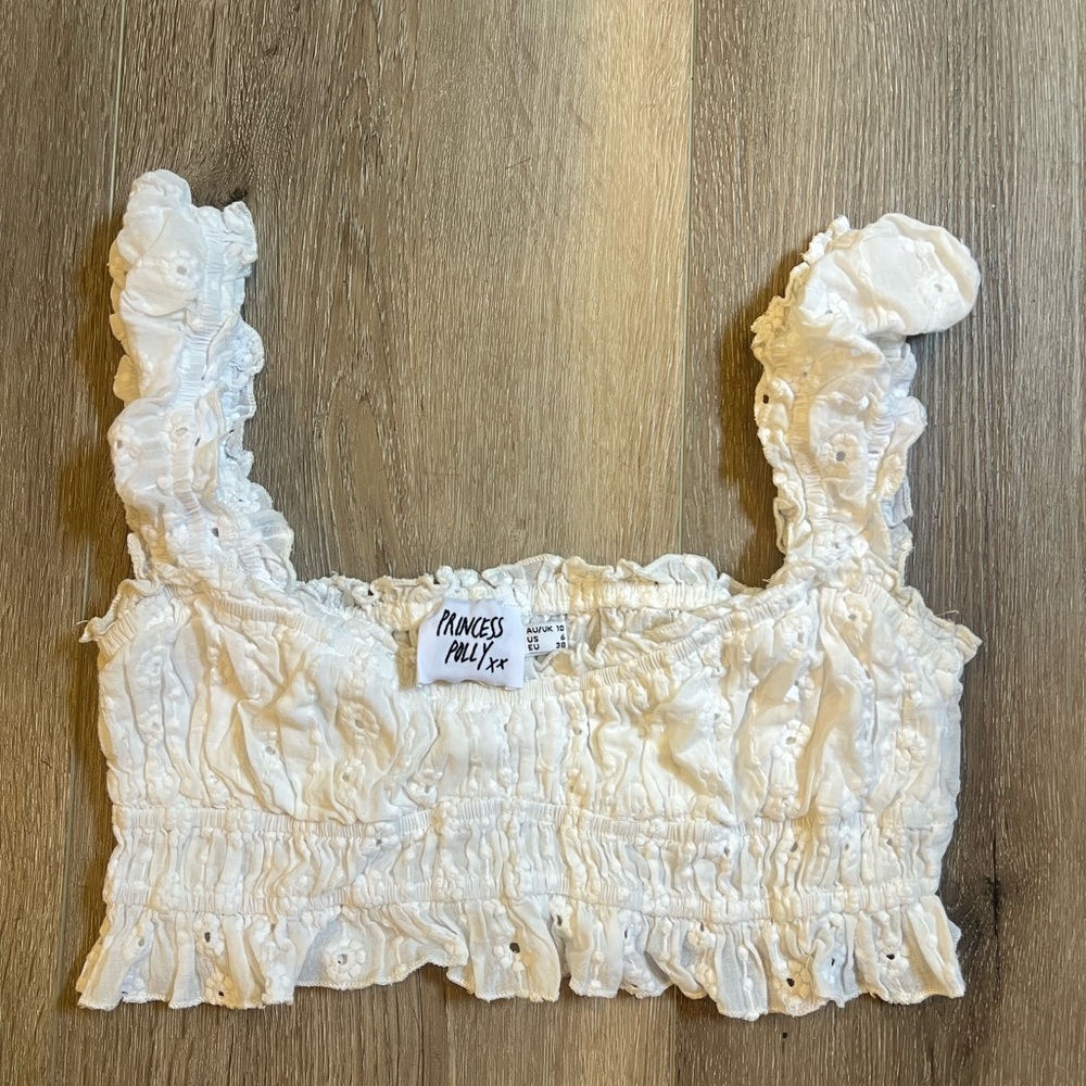Princess Polly Off-White Eyelet Smocked Crop Top
